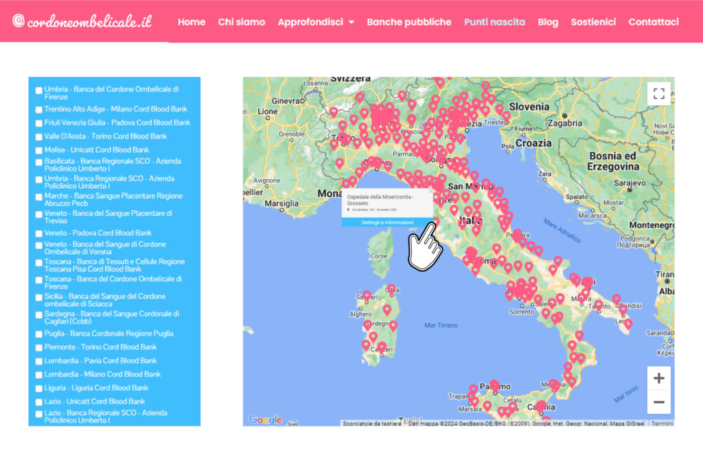 Immagine esempio della mappa dei punti nascita autorizzati per la donazione del sangue cordonale presenti in Italia consultabile dal portale di Cordoneombelicale.it